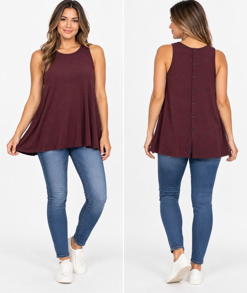 LOFT Women's Burgundy Plum Sleeveless Swing Tank Top Button Back Size M